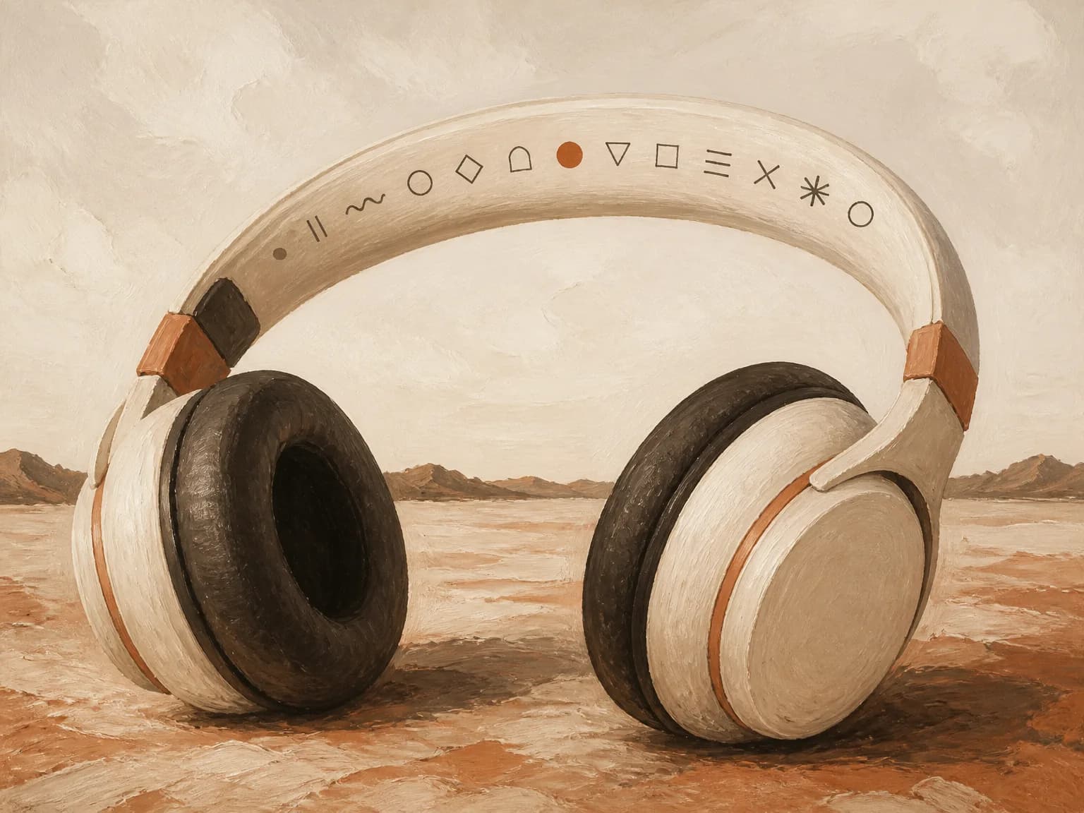 A large pair of headphones on a quiet field. Small marks run along the band, and one mark is terracotta.