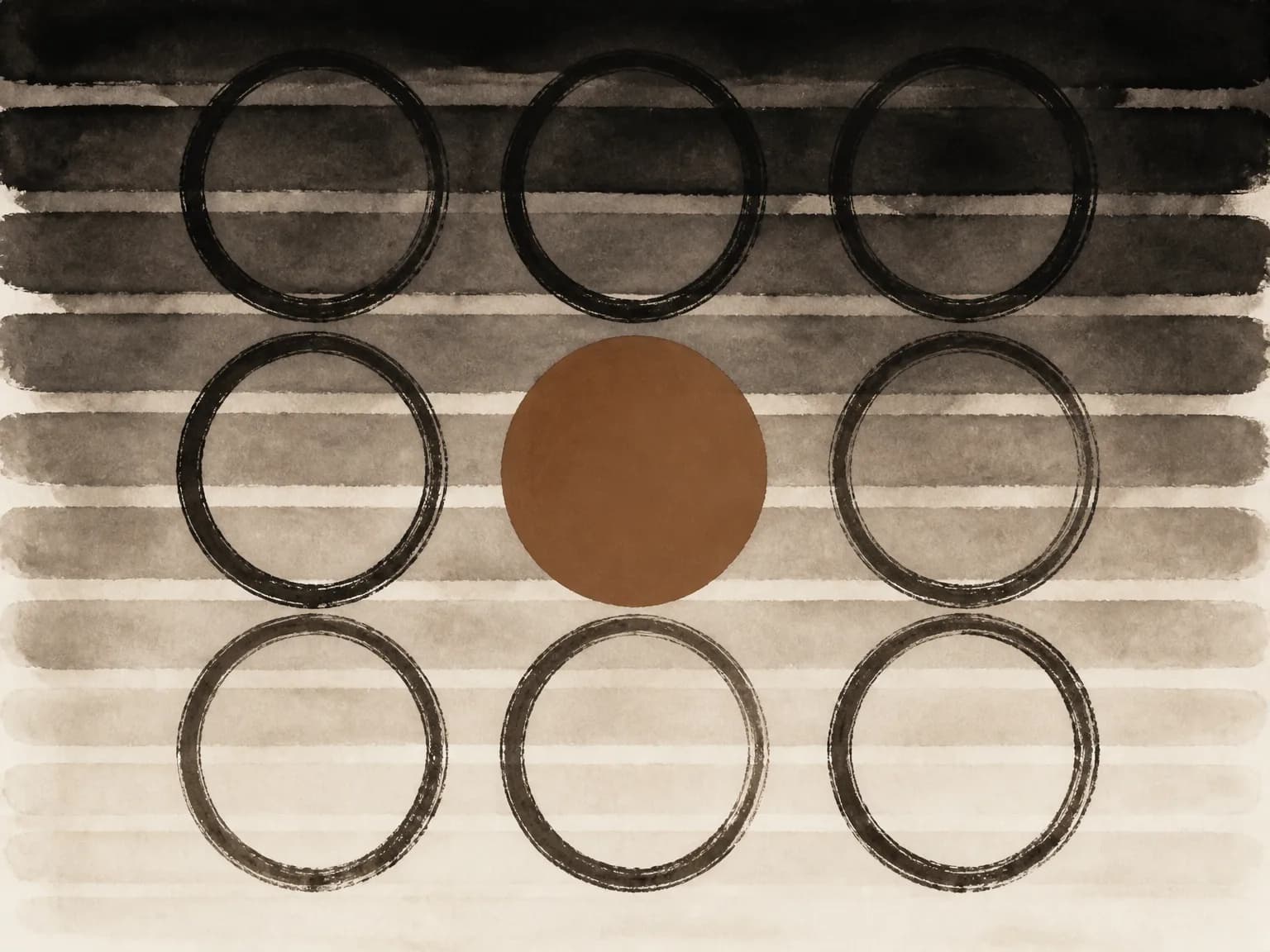 Nine circles on a ranked ink wash, darkest at the top. One circle is filled clay.