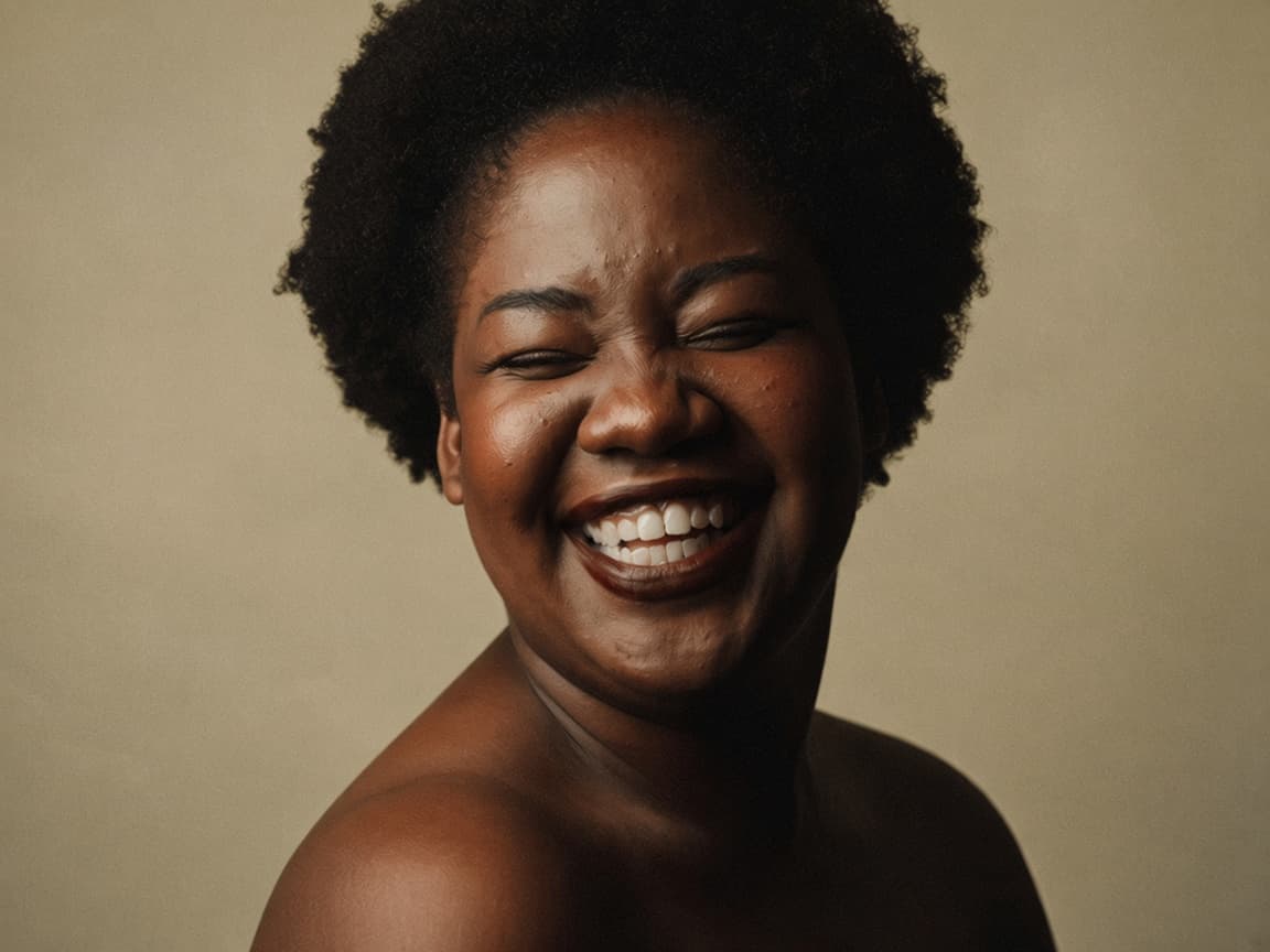 A woman laughing with her eyes closed
